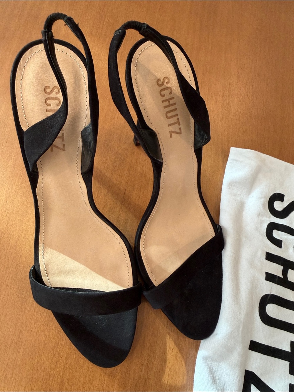 SCHUTZ Black Suede Open-Toe Slingback Heels - Picture 10 of 14